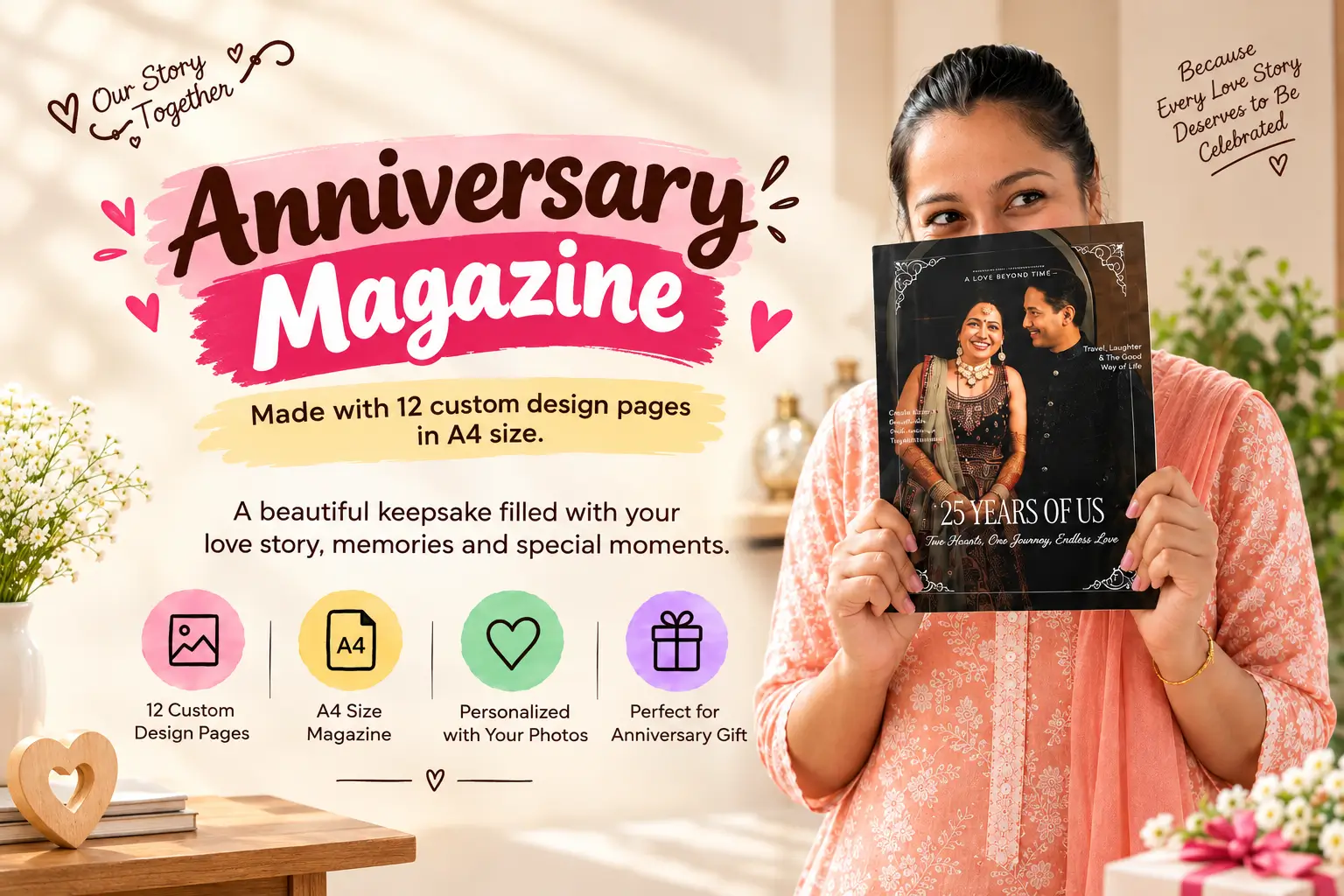 Anniversary Magazine with 12 custom A4 pages personalized with photos