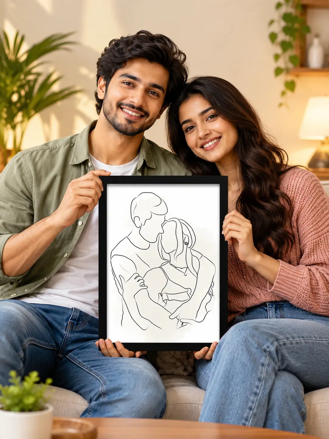 Watercolor Patch Framed Wall Art featuring minimalist couple line art for modern home décor