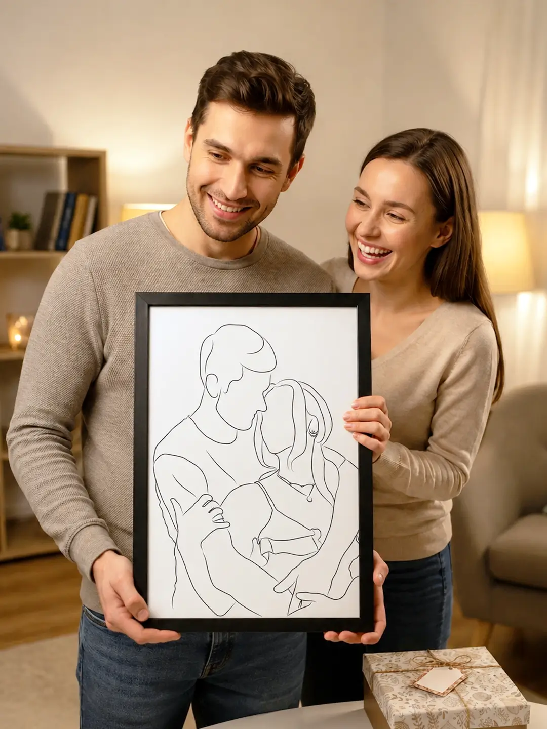 Watercolor Patch Framed Wall Art – Minimalist Couple Line Art Wall Decor | Ready to Ship