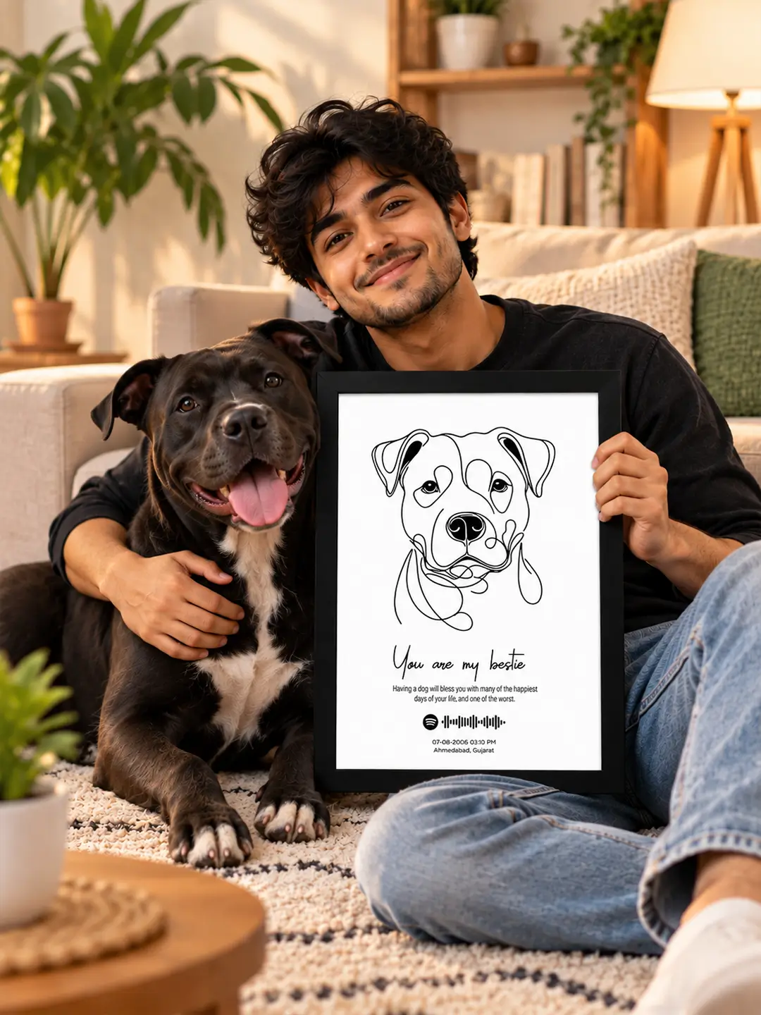 Single Line Art Pet Frame featuring a minimalist dog illustration in a premium black frame