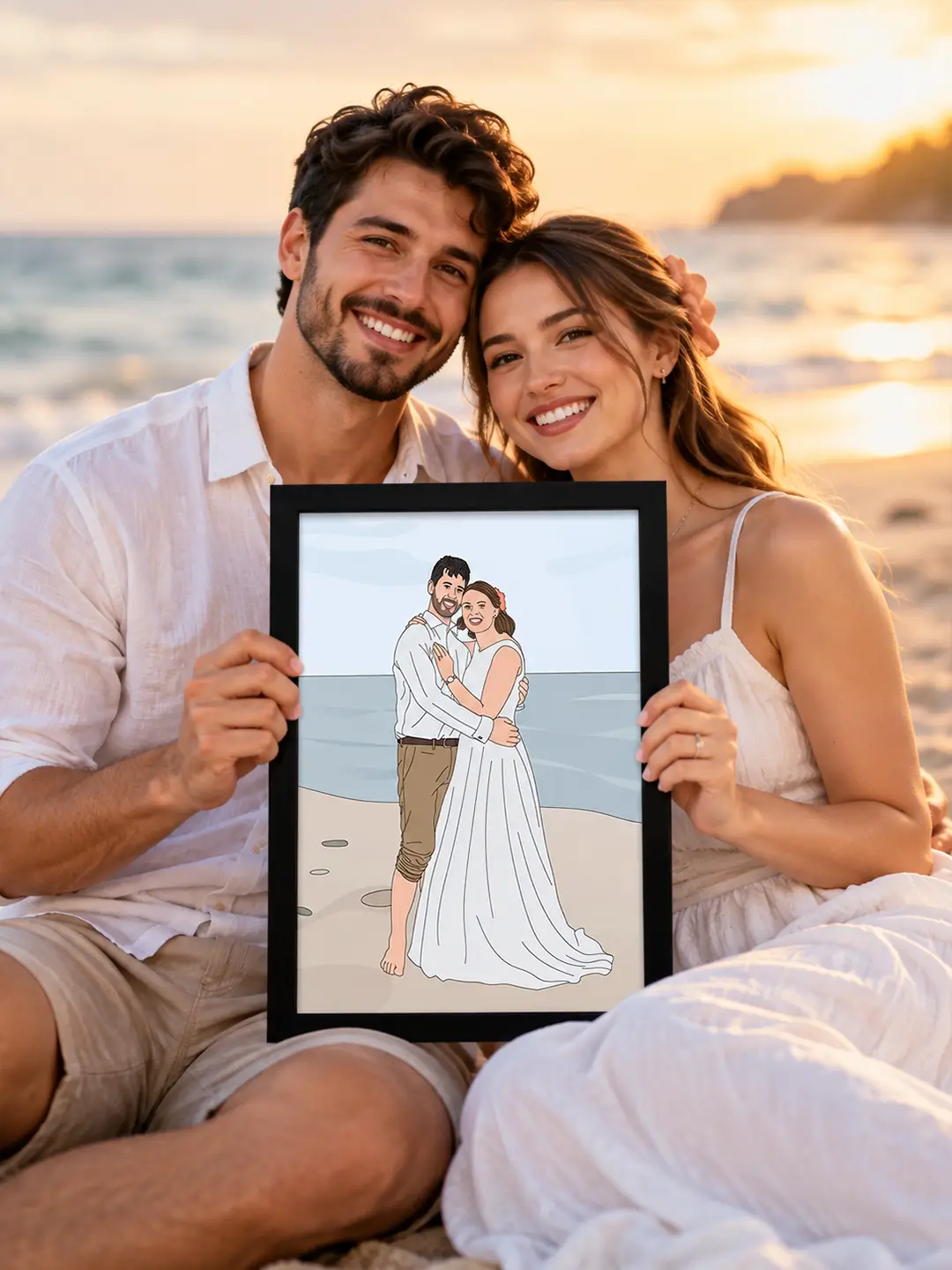 Finetune Line Art Frame featuring a minimalist illustrated couple portrait in a premium black frame