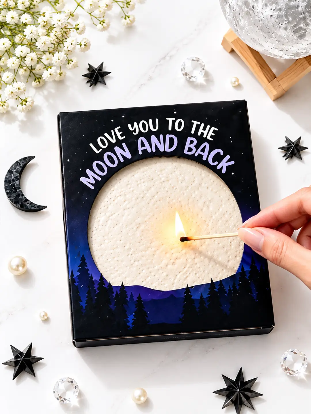 Back to the Moon Burnout Fire Card with Love You to the Moon and Back design and tissue centre for revealing a hidden romantic message