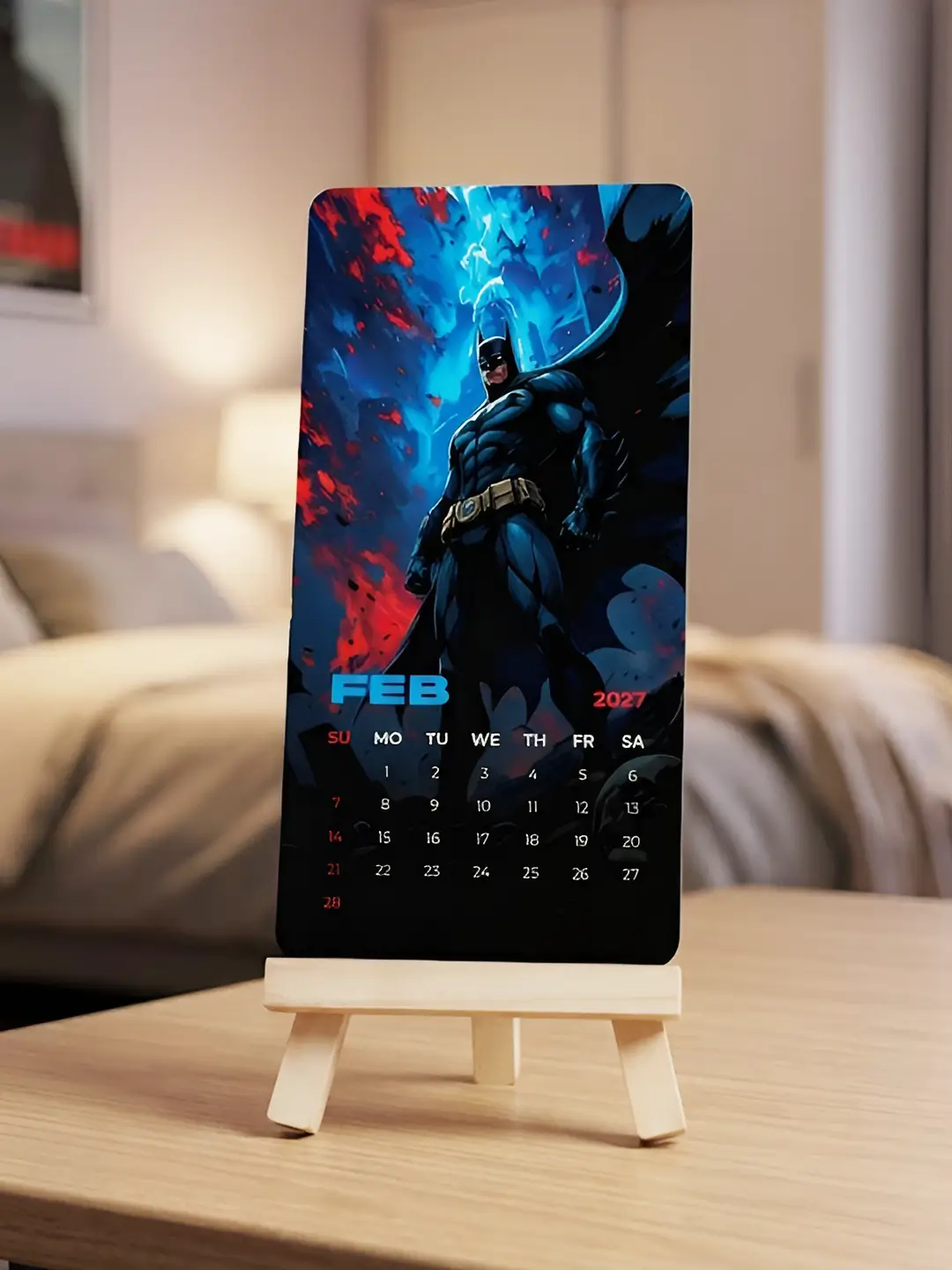 Batman Mini Desk Calendar 2027 – 12-Month Table Calendar with Wooden Stand