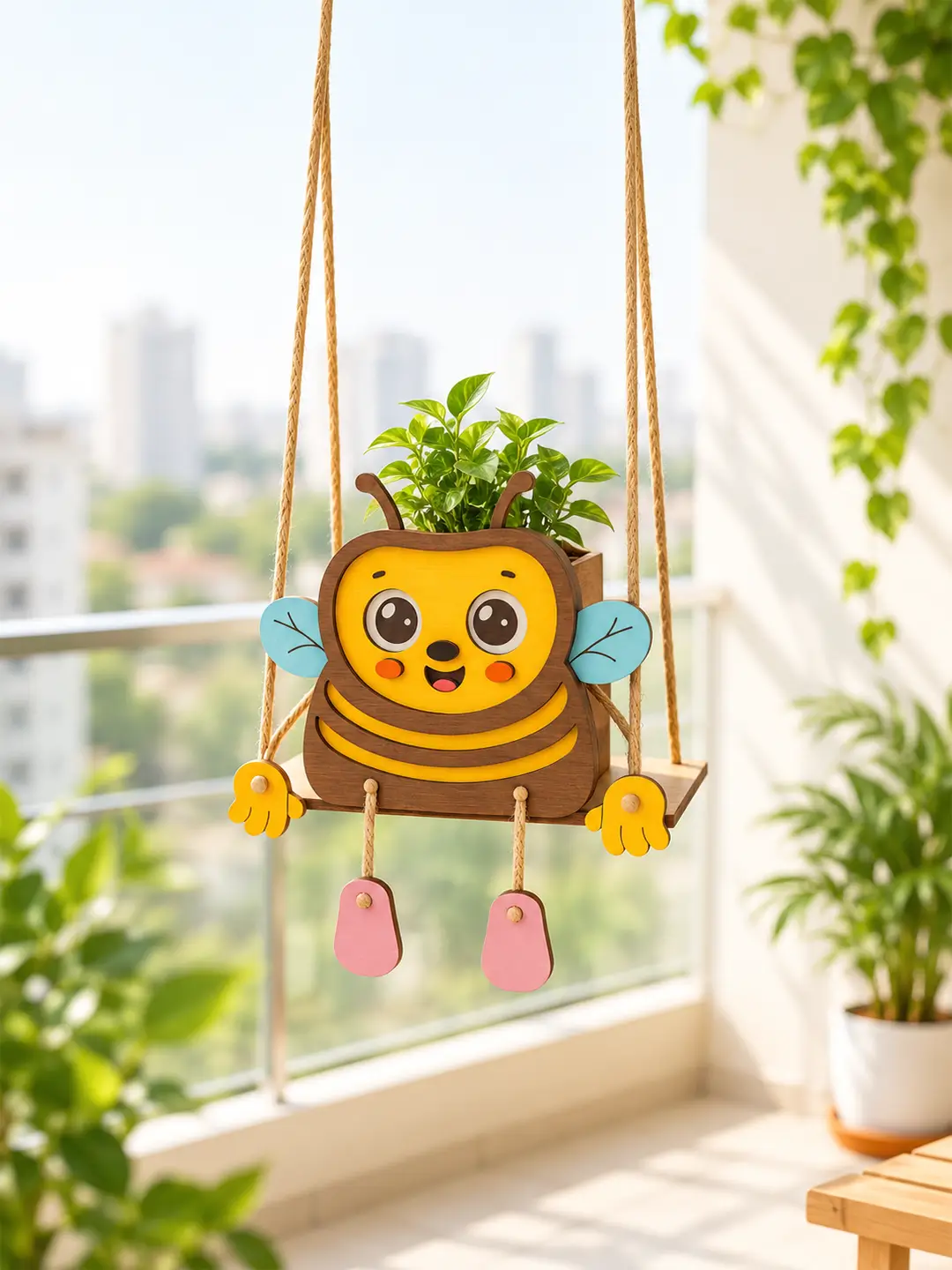 DIY Bee Swinger Planter for Kids 4MM MDF wooden craft kit with laser-cut bee pieces, swing, acrylic paints, brush and rope