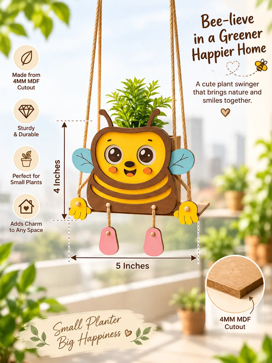 DIY Bee Swinger Planter for Kids – 4MM MDF Wooden Painting & Craft Kit | Ages 6–10 | Birthday Return Gift