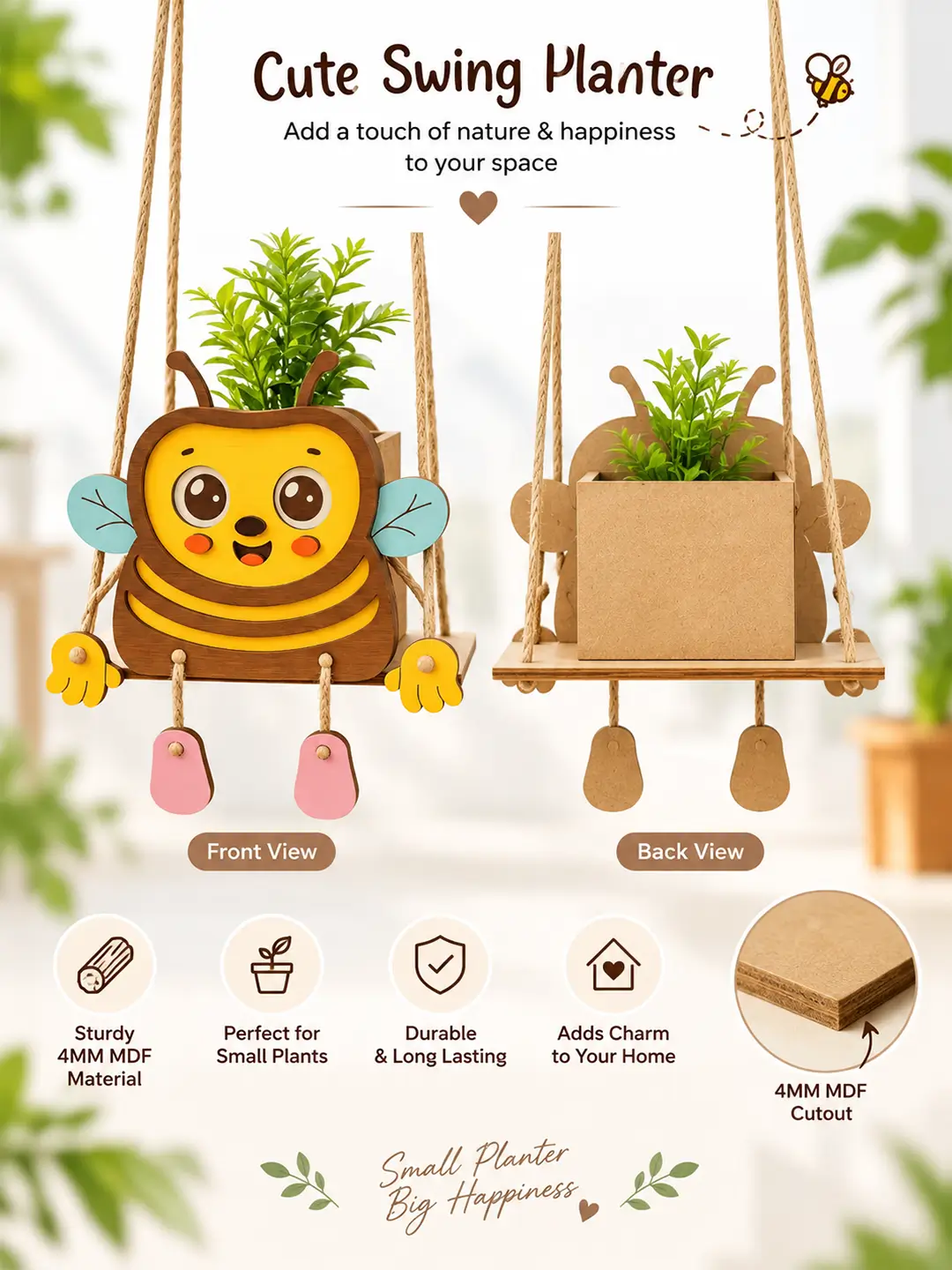 DIY Bee Swinger Planter for Kids – 4MM MDF Wooden Painting & Craft Kit | Ages 6–10 | Birthday Return Gift