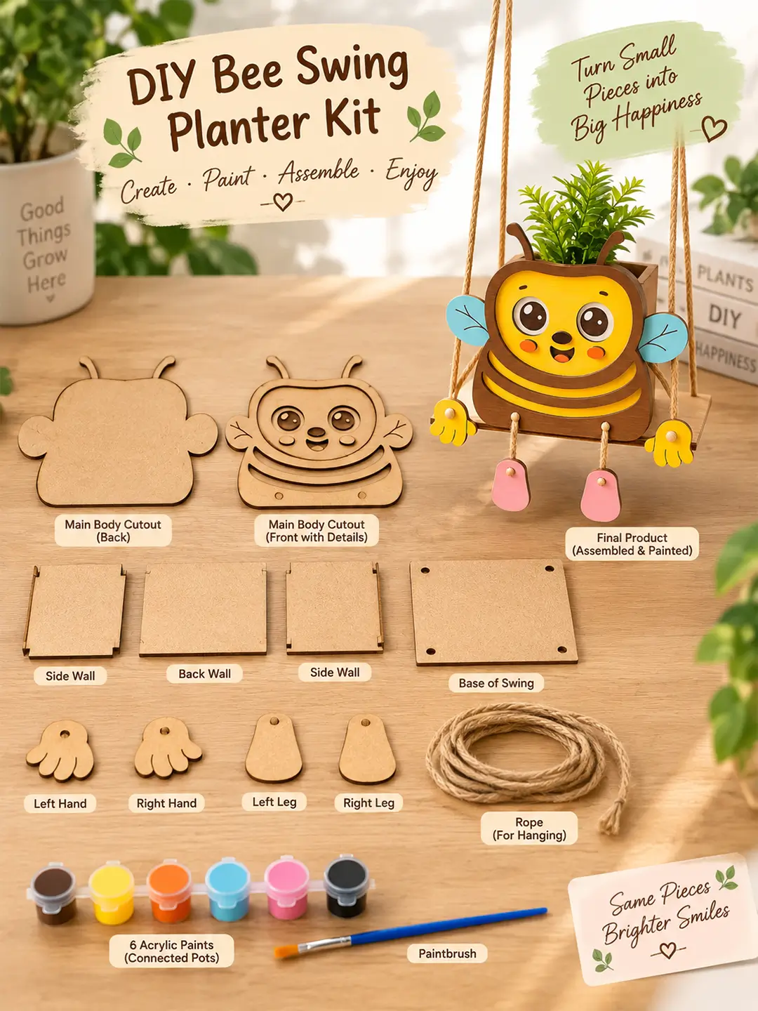 DIY Bee Swinger Planter for Kids – 4MM MDF Wooden Painting & Craft Kit | Ages 6–10 | Birthday Return Gift