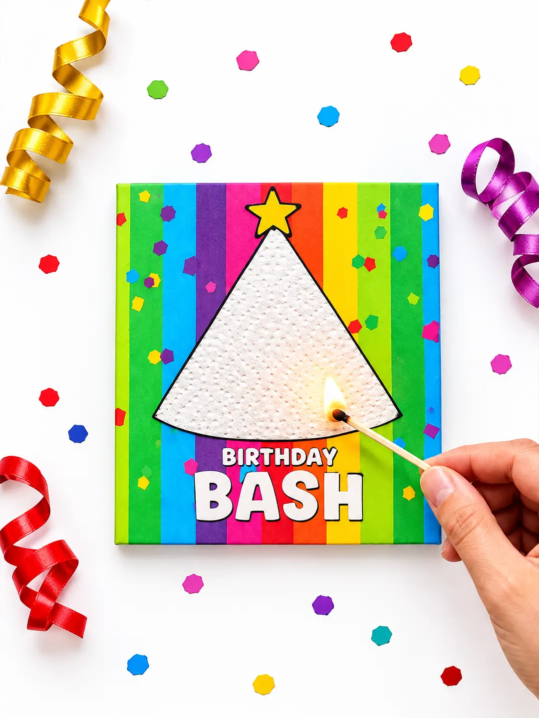 Birthday Bash Burnout Fire Card with birthday cake design and hidden tissue message being revealed by flame