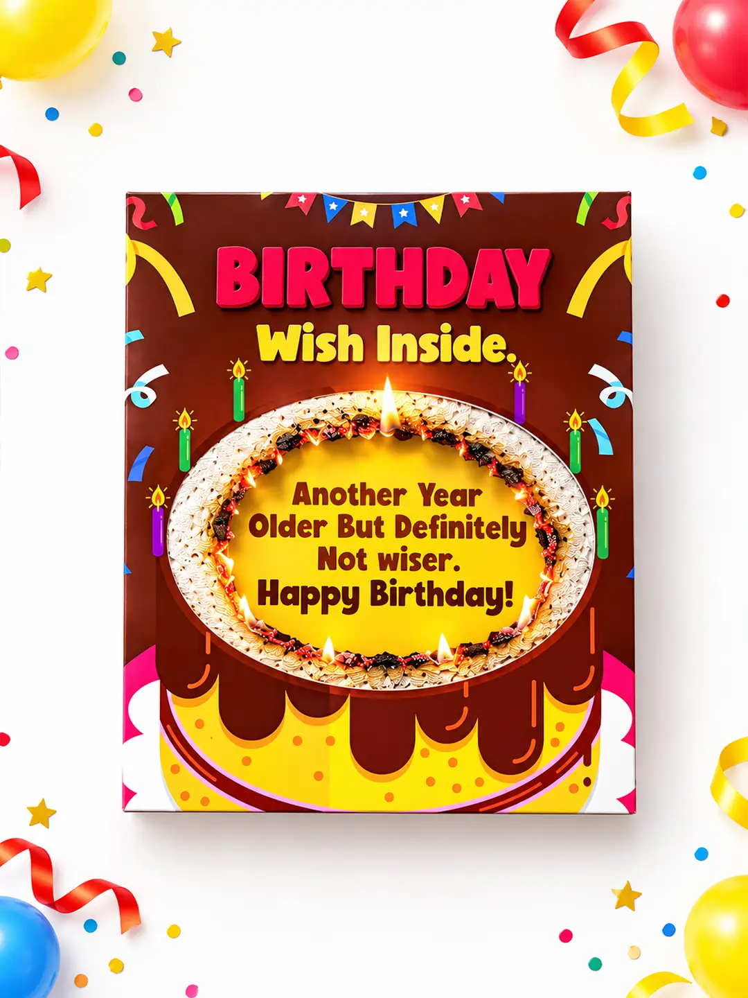 Birthday Cake Burnout Fire Card with colorful birthday design and tissue-covered center for hidden message reveal