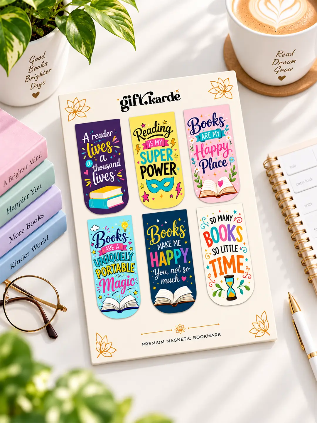 Book Worms Magnetic Bookmark Set of 6 with colorful book-themed reading designs