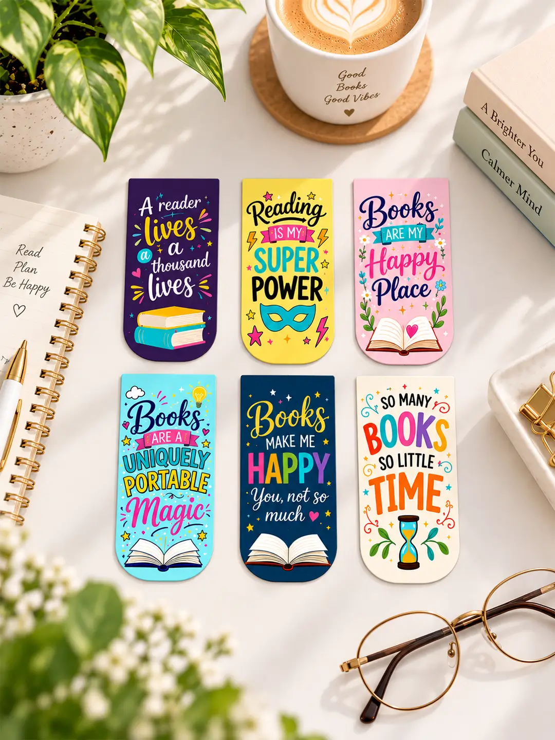 Book Worms Magnetic Bookmark Set of 6 – Colorful Reading Bookmarks for Book Lovers