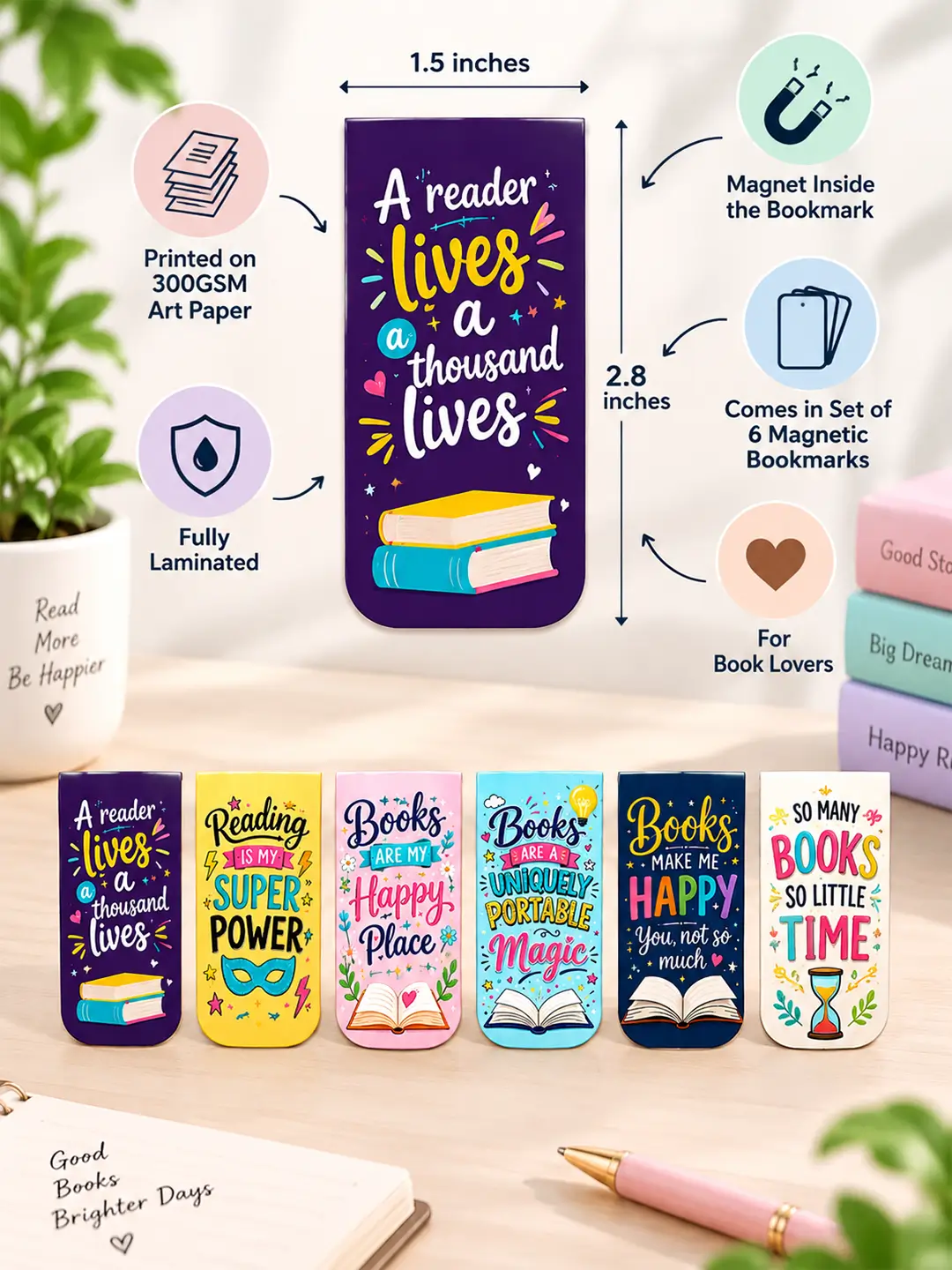 Book Worms Magnetic Bookmark Set of 6 – Colorful Reading Bookmarks for Book Lovers