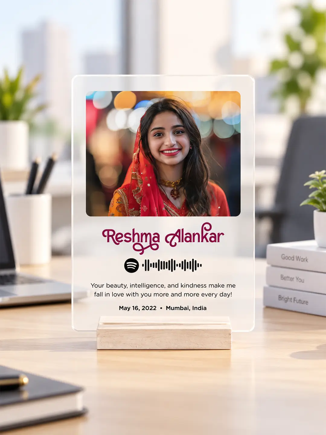 Captured Memory acrylic desk stand with couple photo, names, Spotify song and custom date and location