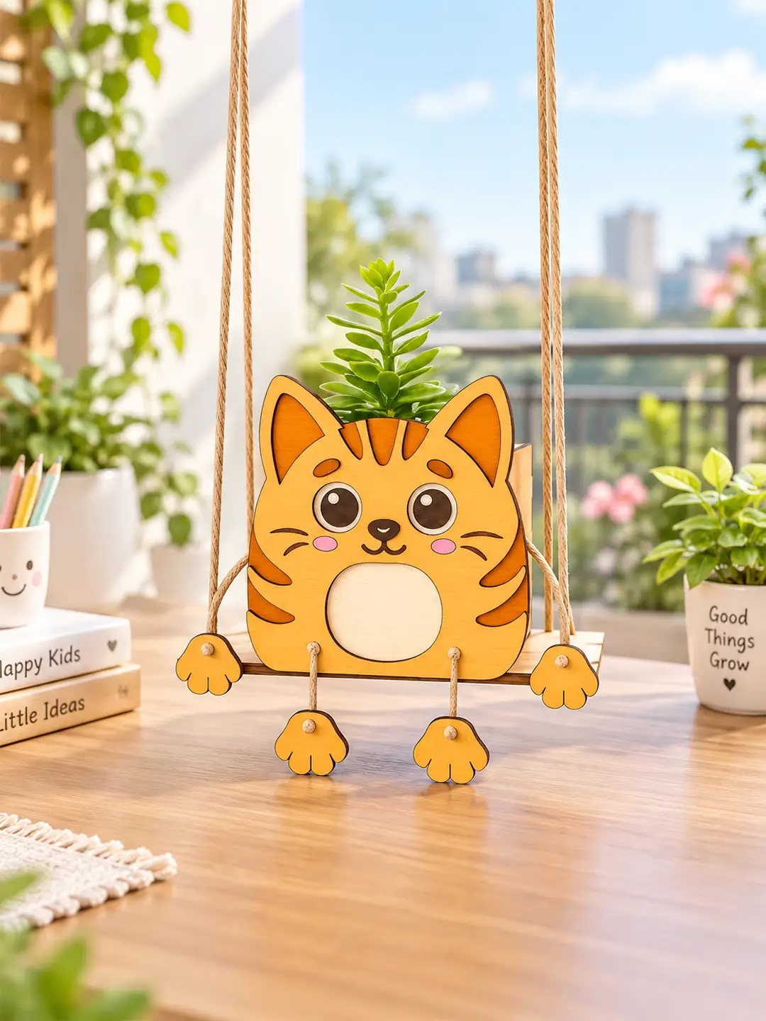 DIY Cat Swinger Planter for Kids 4MM MDF wooden painting craft kit with laser-cut pieces, paints, brush and rope