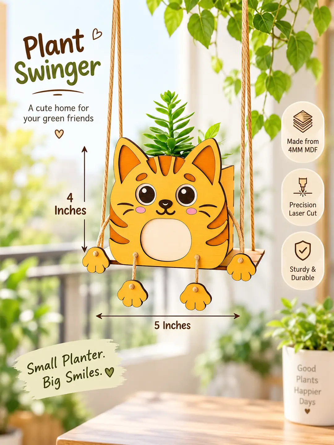DIY Cat Swinger Planter for Kids – 4MM MDF Wooden Painting & Craft Kit | Ages 6–10 | Birthday Return Gift