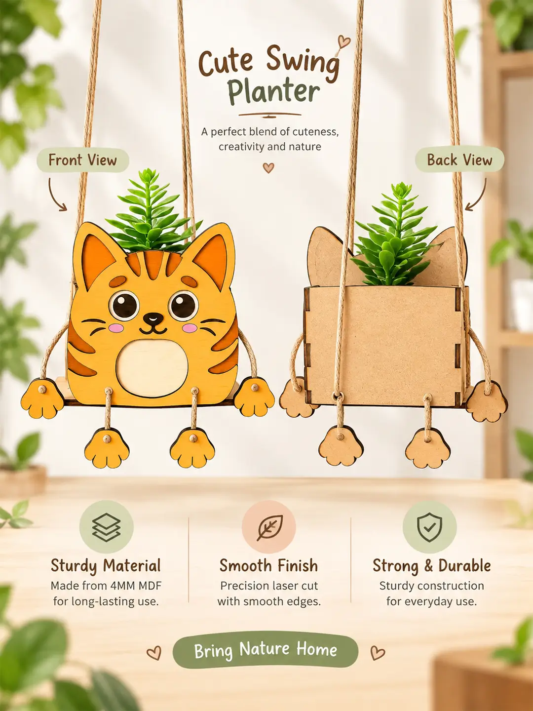 DIY Cat Swinger Planter for Kids – 4MM MDF Wooden Painting & Craft Kit | Ages 6–10 | Birthday Return Gift