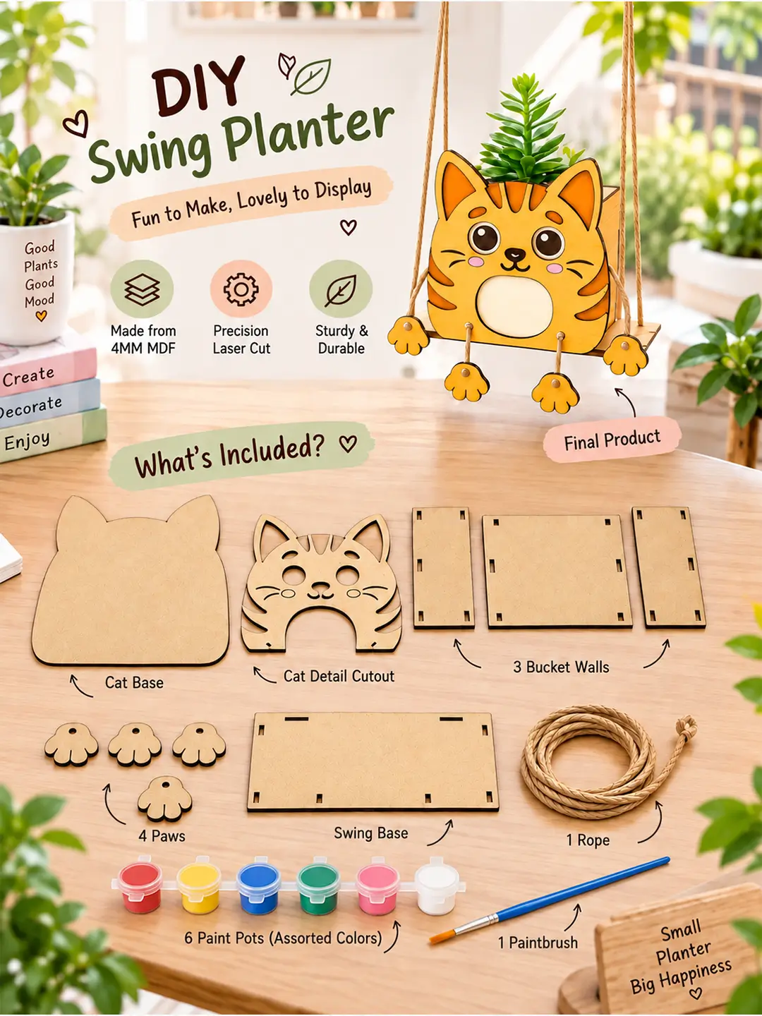 DIY Cat Swinger Planter for Kids – 4MM MDF Wooden Painting & Craft Kit | Ages 6–10 | Birthday Return Gift