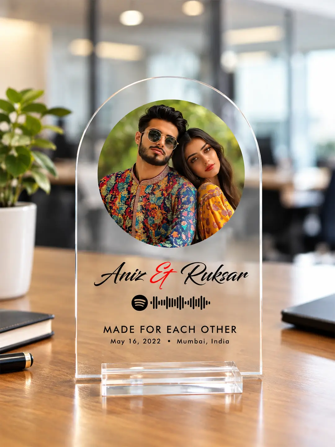 Circle of Life personalized acrylic photo desk stand with custom photo, names, Spotify song, message, date and location