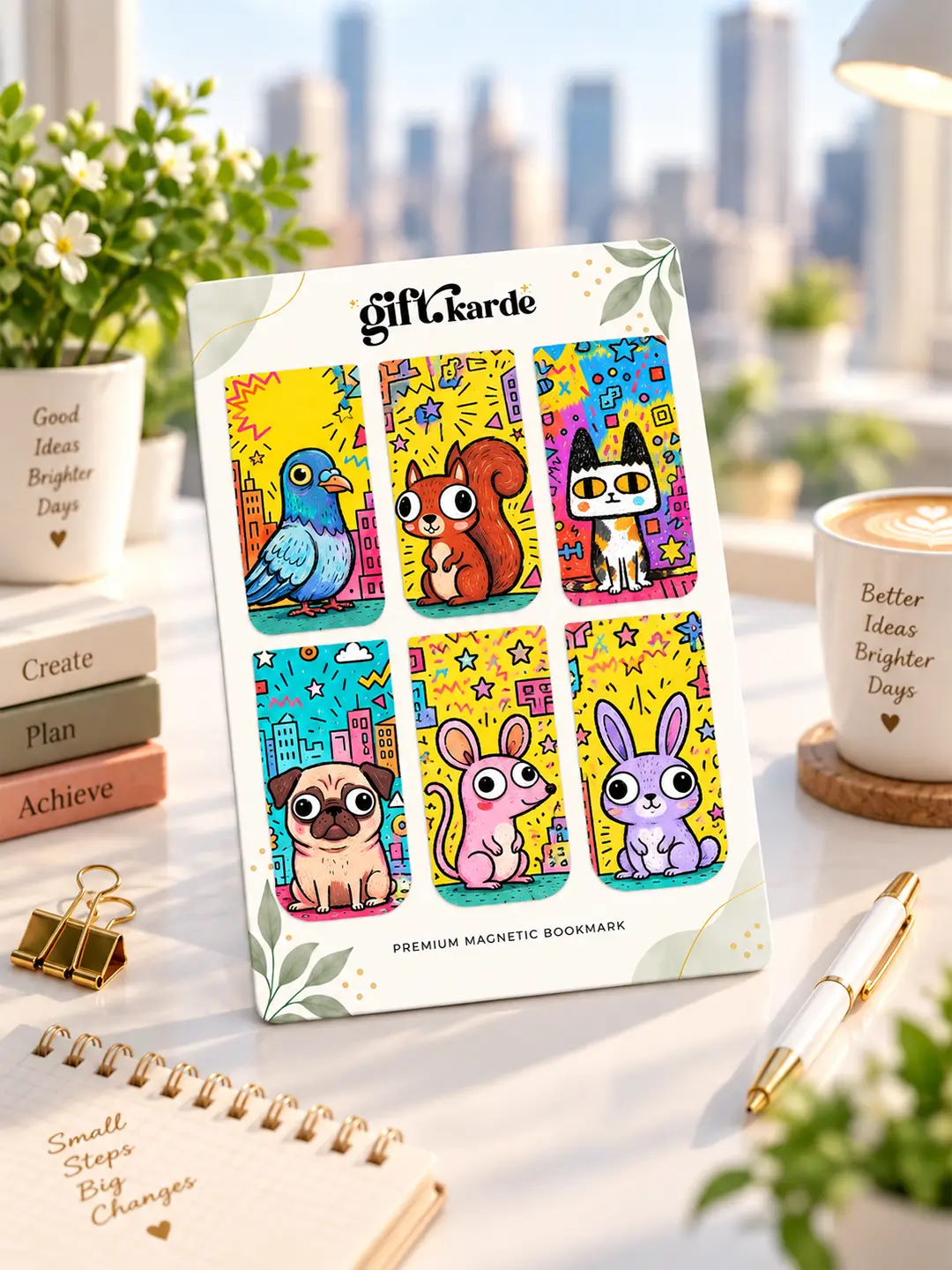 City Menace Magnetic Bookmark set of 6 cute animal bookmarks with colorful cartoon designs