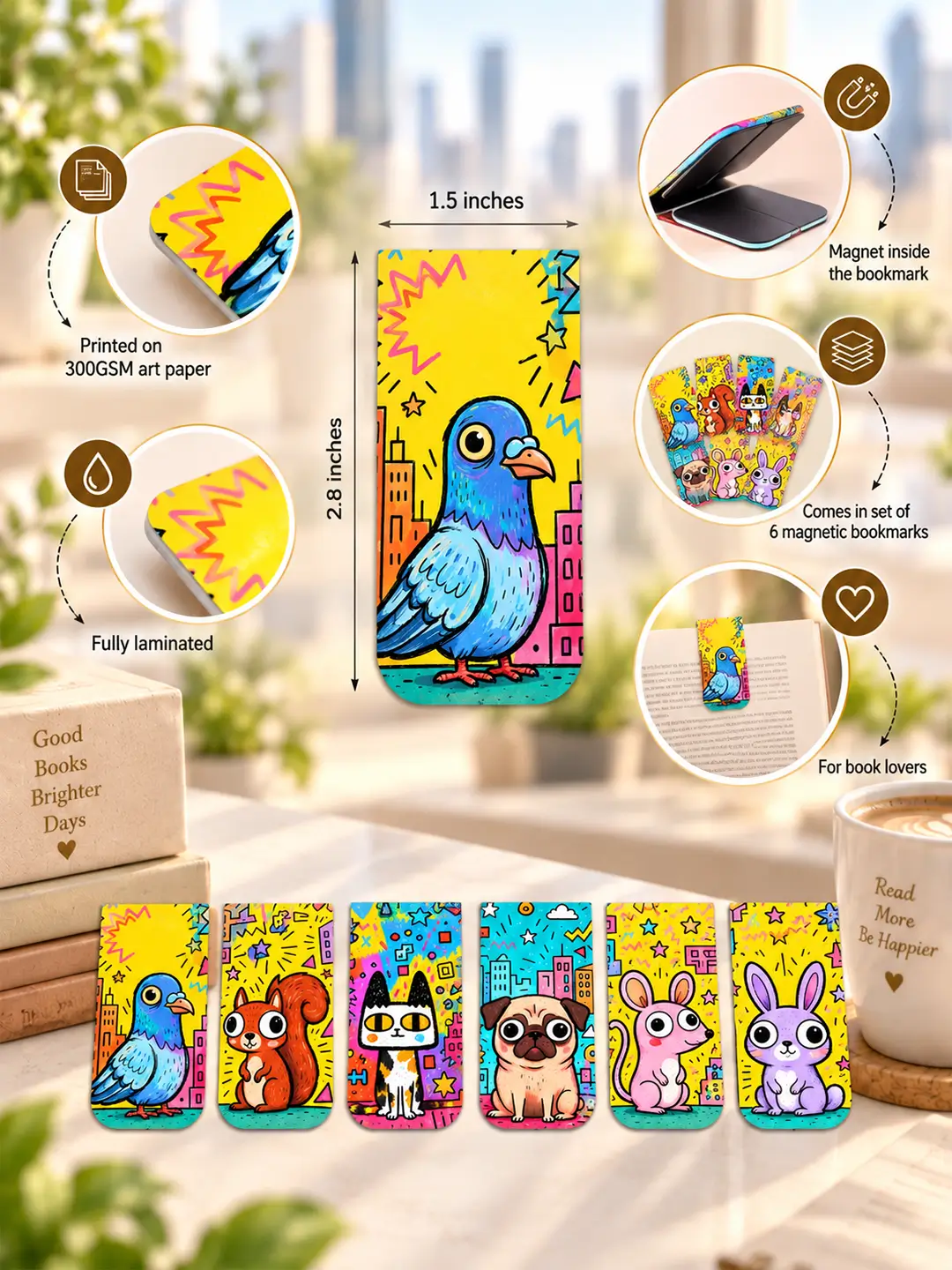 City Menace Magnetic Bookmark – Set of 6 Cute Animal Bookmarks for Book Lovers