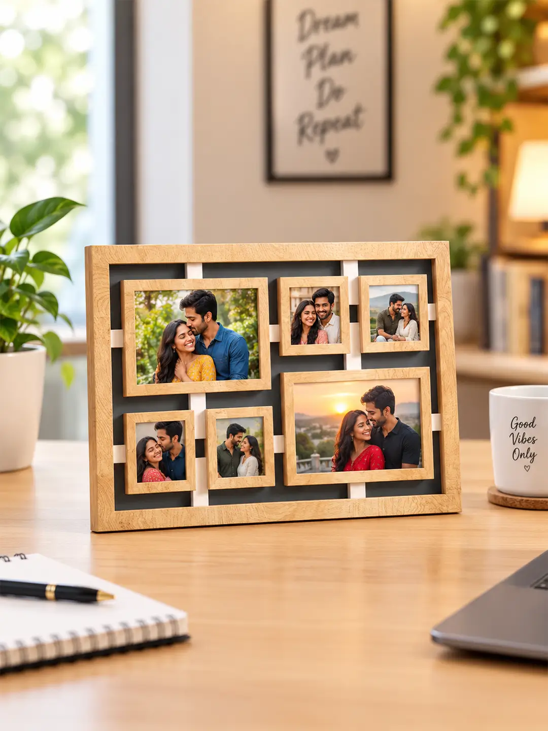 Collage wooden desk photo frame displaying 6 photos with stand