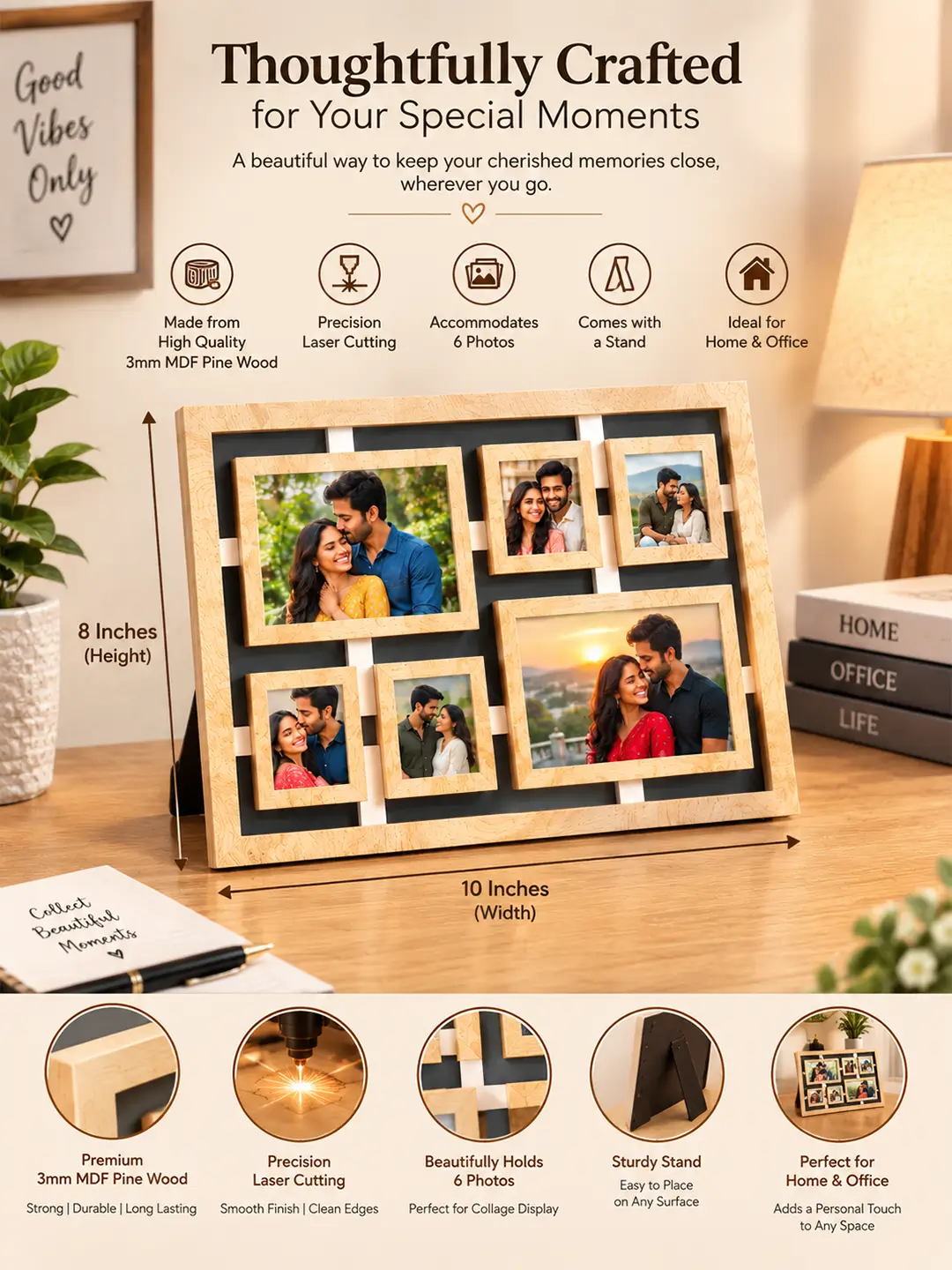 Collage Desk Photo Frame – Wooden 6 Photo Display Frame with Stand