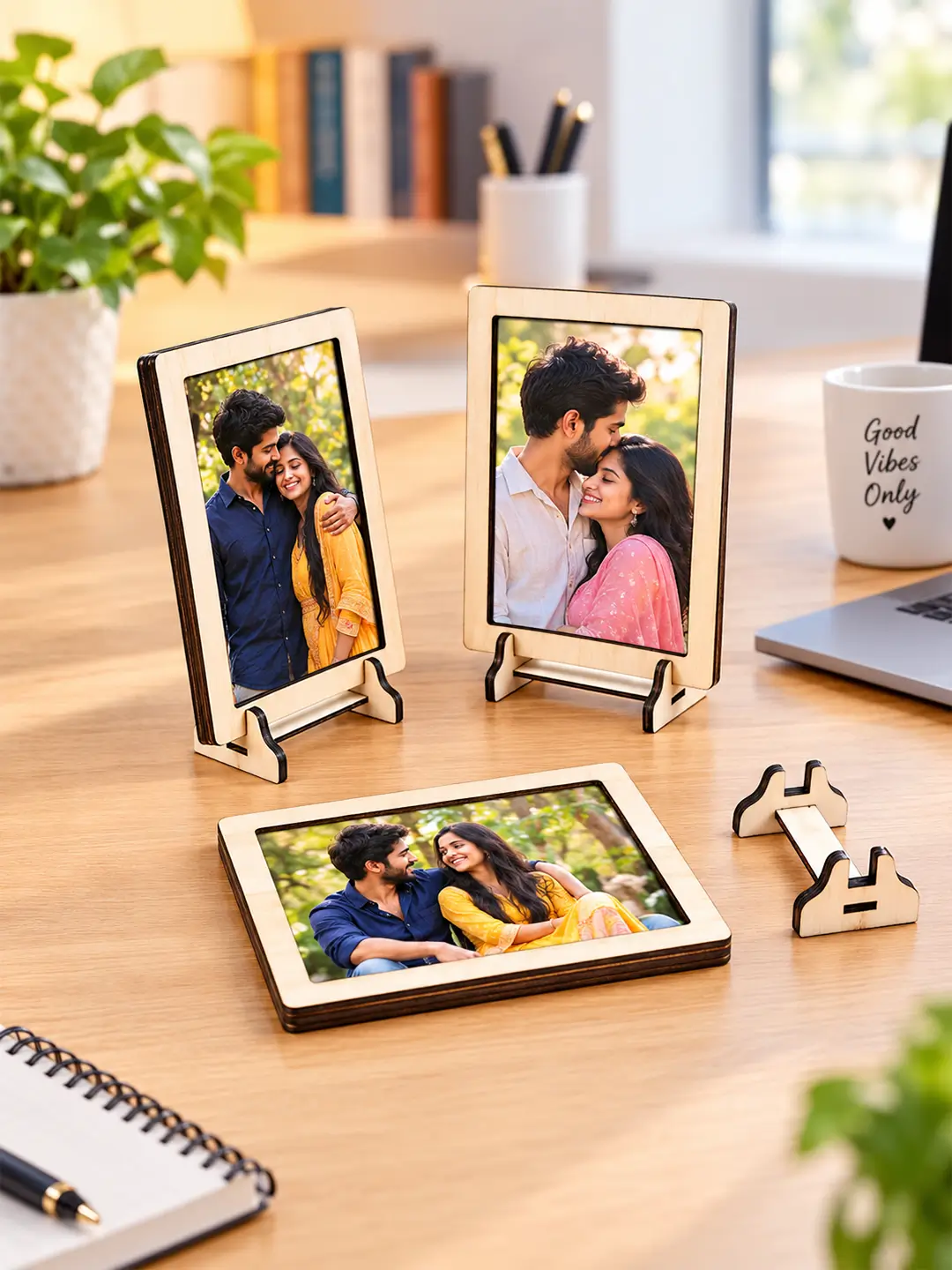 Connection wooden desk photo frame set of 2 with stands displaying couple photos