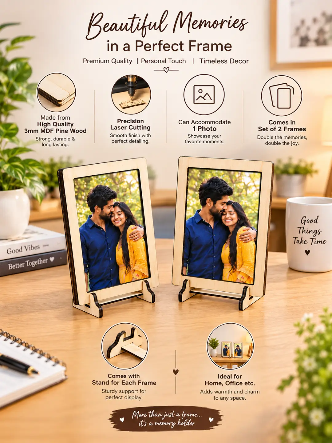 Connection Desk Photo Frame – Wooden Set of 2 Photo Frames with Stand