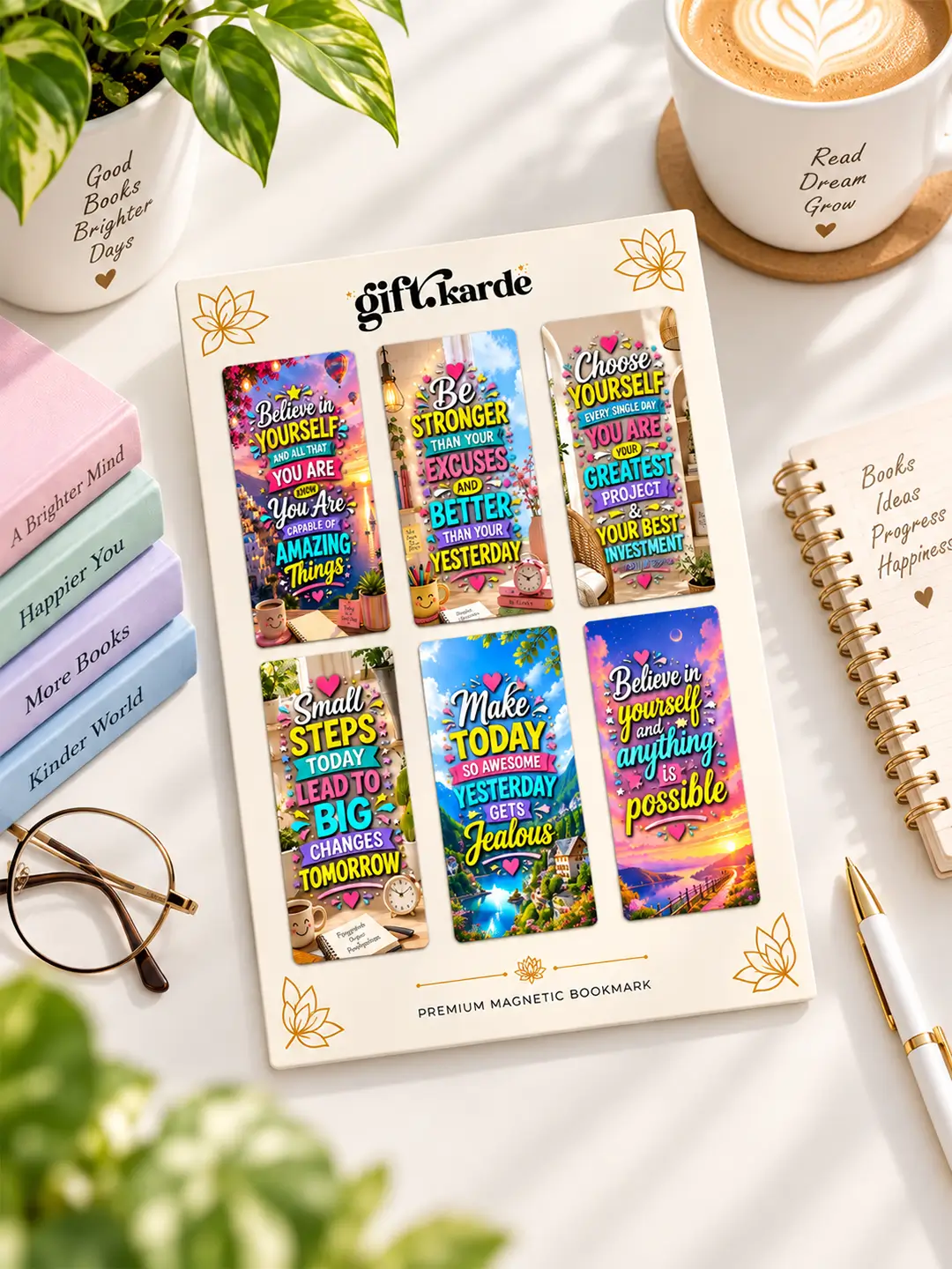 Daily Affirmation Magnetic Bookmark Set of 6 with colorful motivational designs