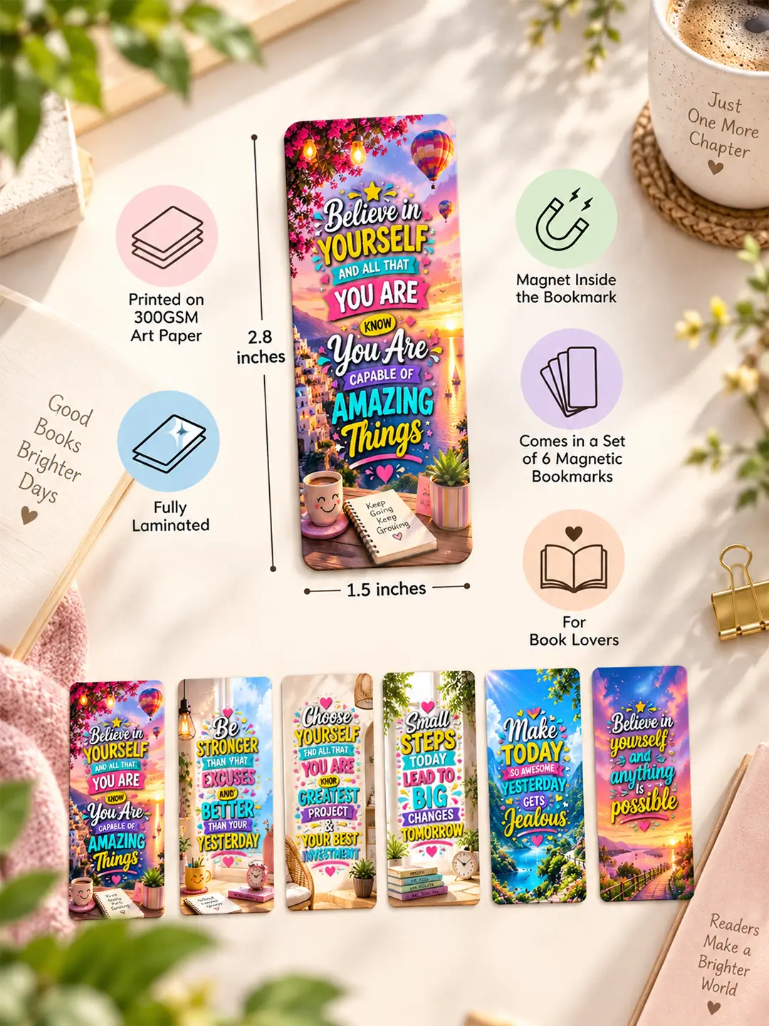 Daily Affirmation Magnetic Bookmark Set of 6 – Inspirational Bookmarks for Book Lovers