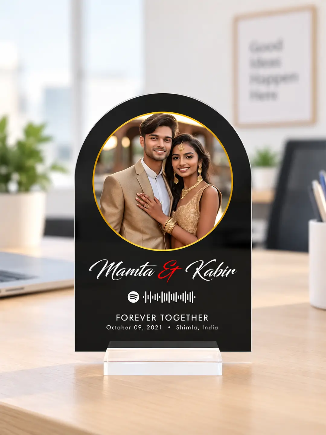 Dark Fantasy personalized acrylic desk stand with custom couple photo, names and Spotify song