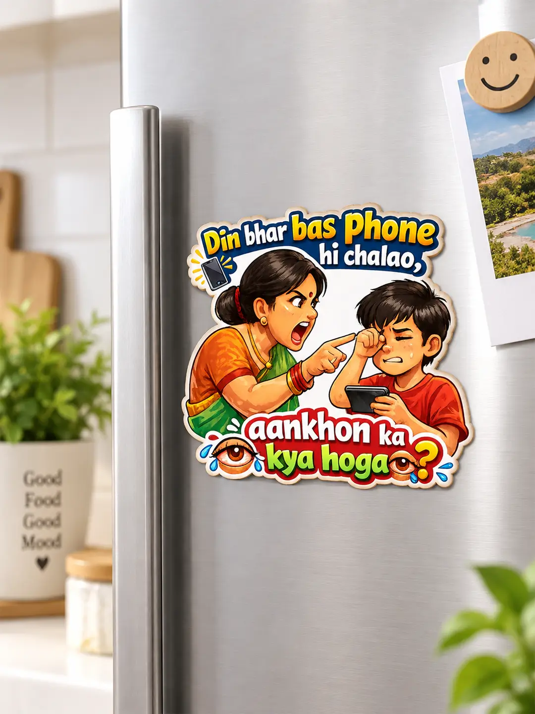 Din Bhar Bas Phone Hi Chalao Fridge Magnet – Funny Hindi MDF Fridge Magnet for Kids & Family