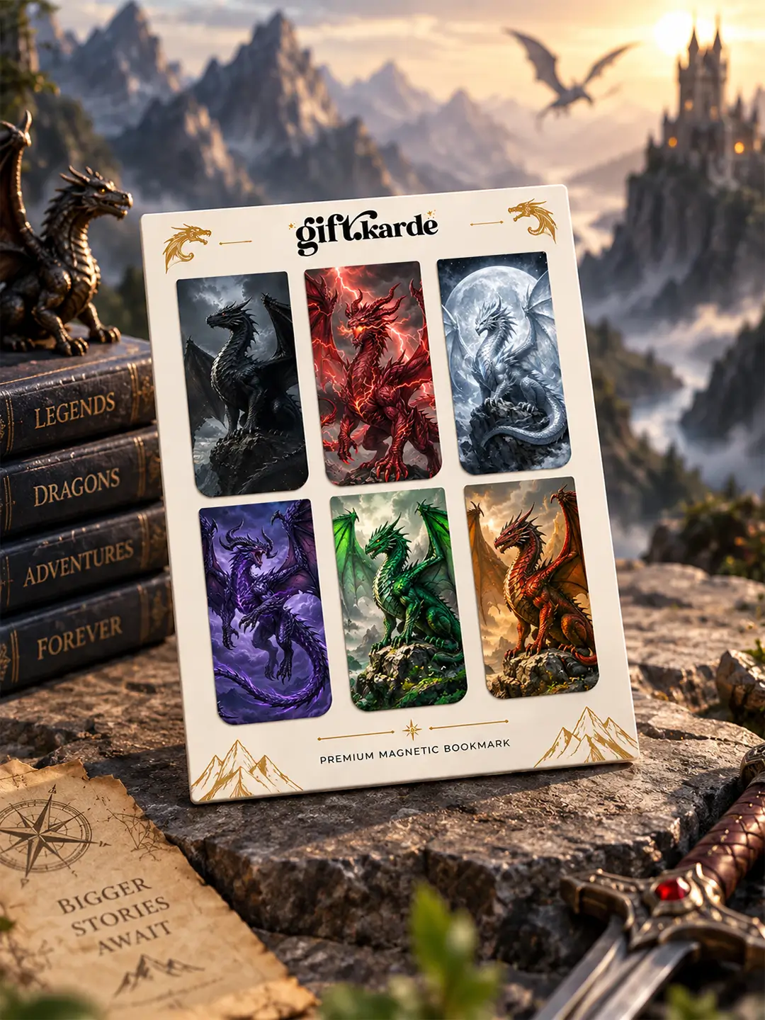 Fantasy Dragon Magnetic Bookmark set of 6 featuring colorful mythical dragon designs