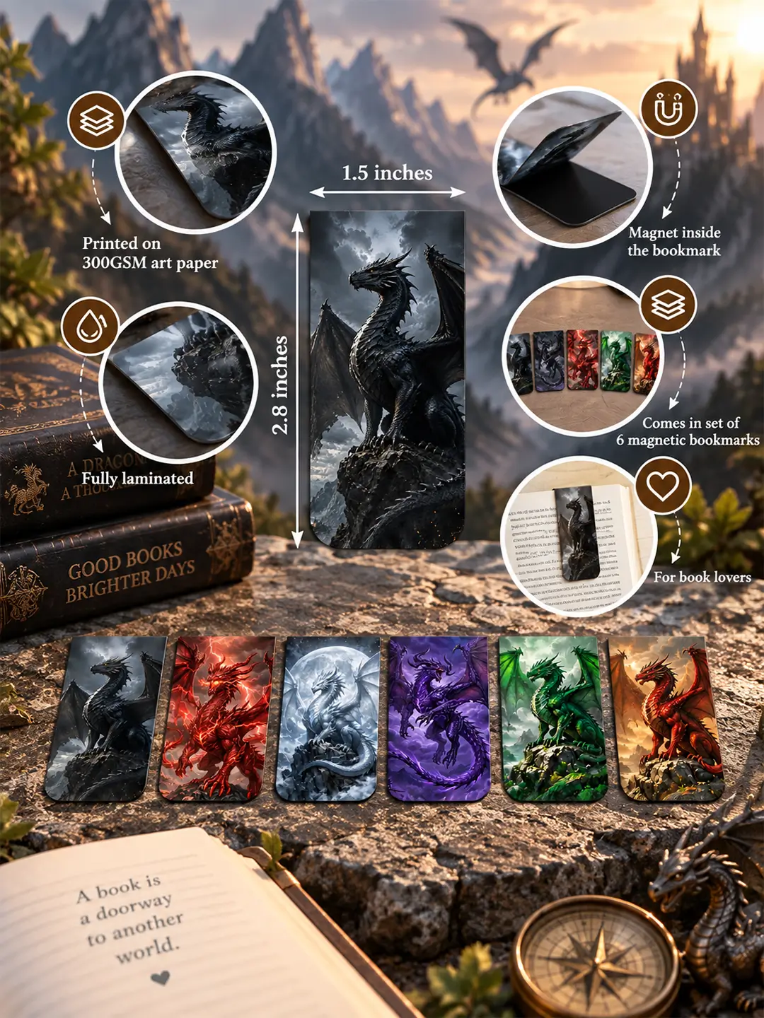 Fantasy Dragon Magnetic Bookmark – Set of 6 Dragon Bookmarks for Fantasy Lovers & Bookworms
