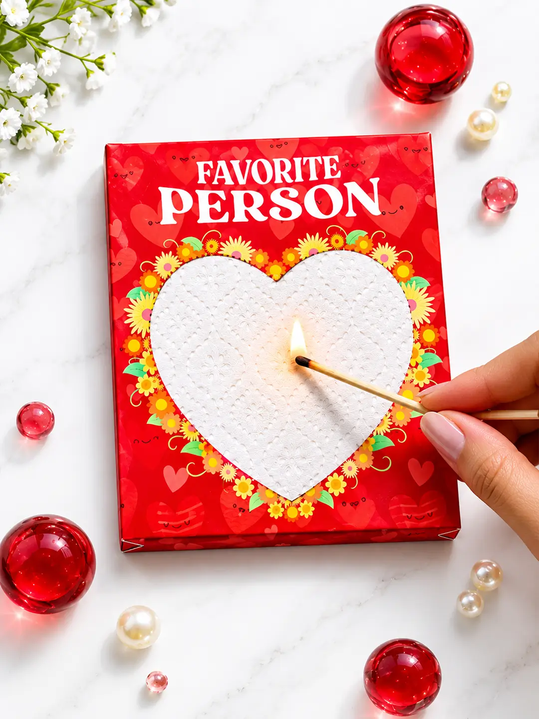 Favorite Person Burnout Fire Card with heart-shaped tissue and hidden love message reveal