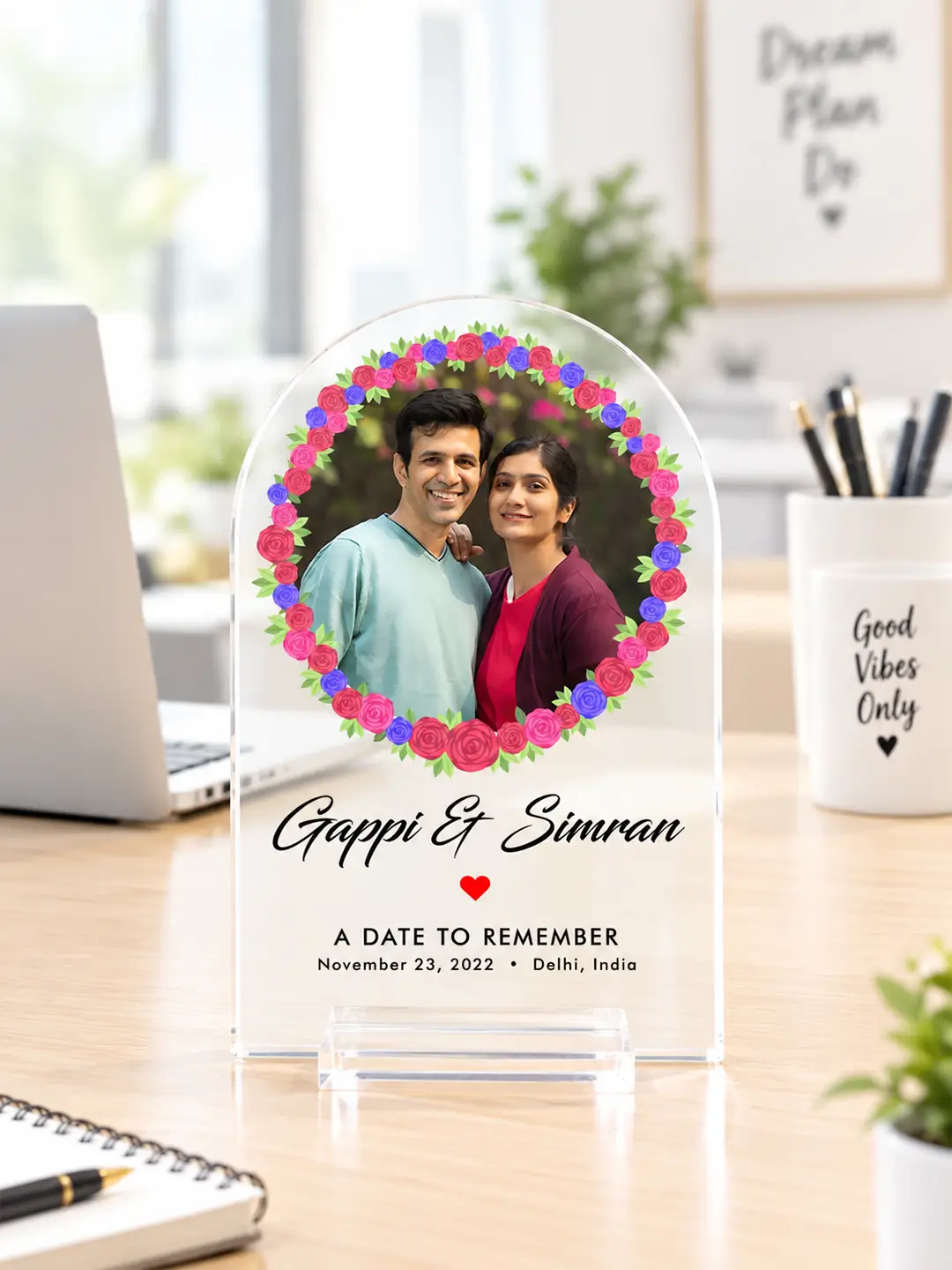 Flower Garland personalized acrylic desk stand with couple photo, custom names and memorable date