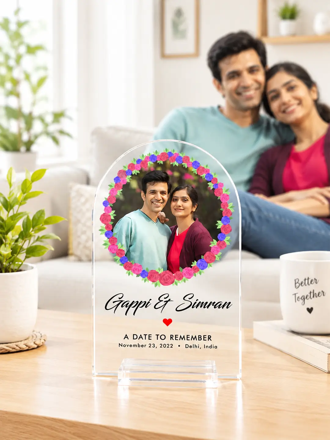 Flower Garland Personalized Acrylic Desk Stand – Custom Photo, Name, Spotify Song & Memory Keepsake