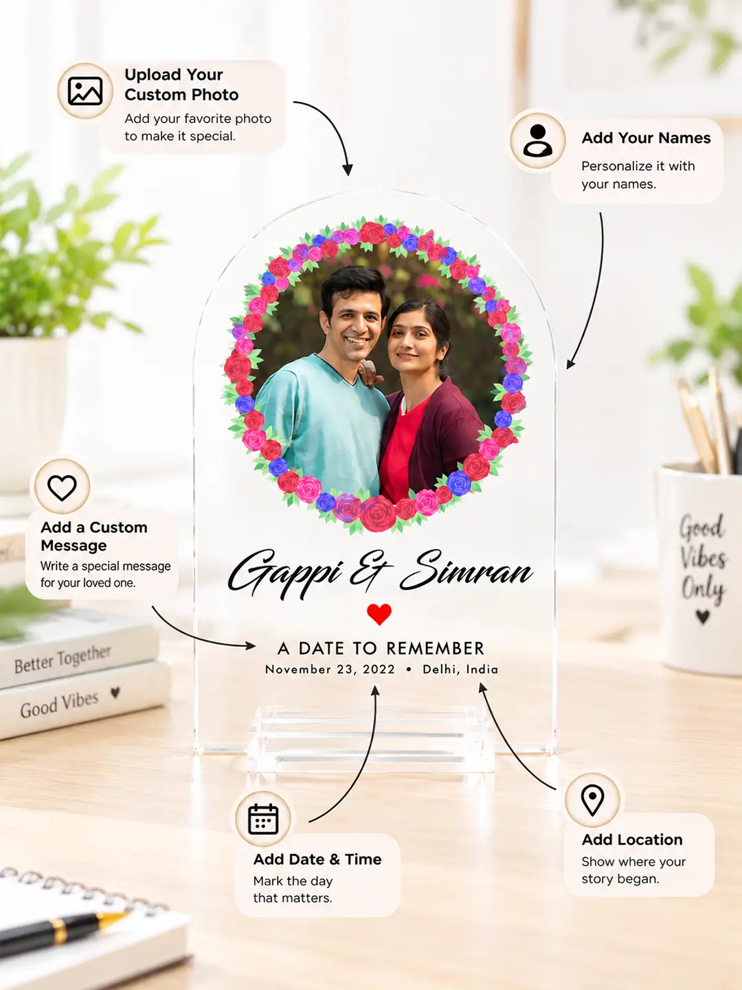 Flower Garland Personalized Acrylic Desk Stand – Custom Photo, Name, Spotify Song & Memory Keepsake