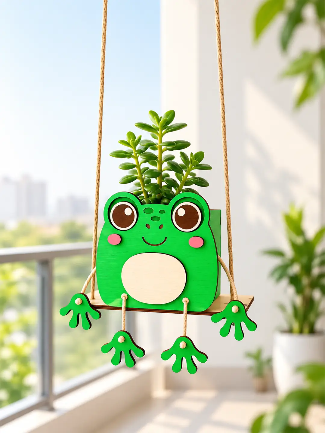 DIY Frog Swinger Planter for Kids 4MM MDF wooden craft kit with laser-cut frog pieces, swing, paints, brush and rope
