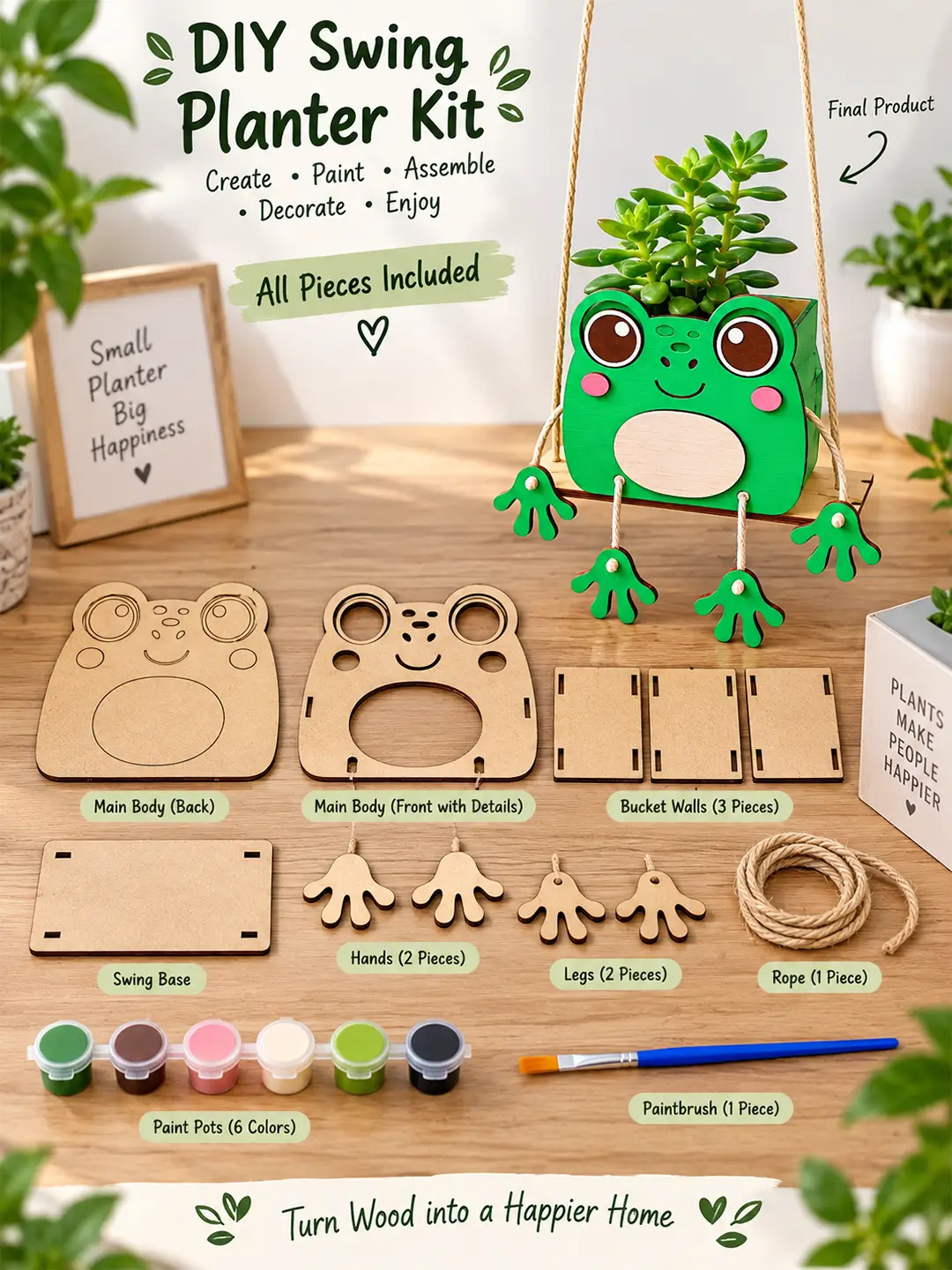DIY Frog Swinger Planter for Kids – 4MM MDF Wooden Painting & Craft Kit | Ages 6–10 | Birthday Return Gift