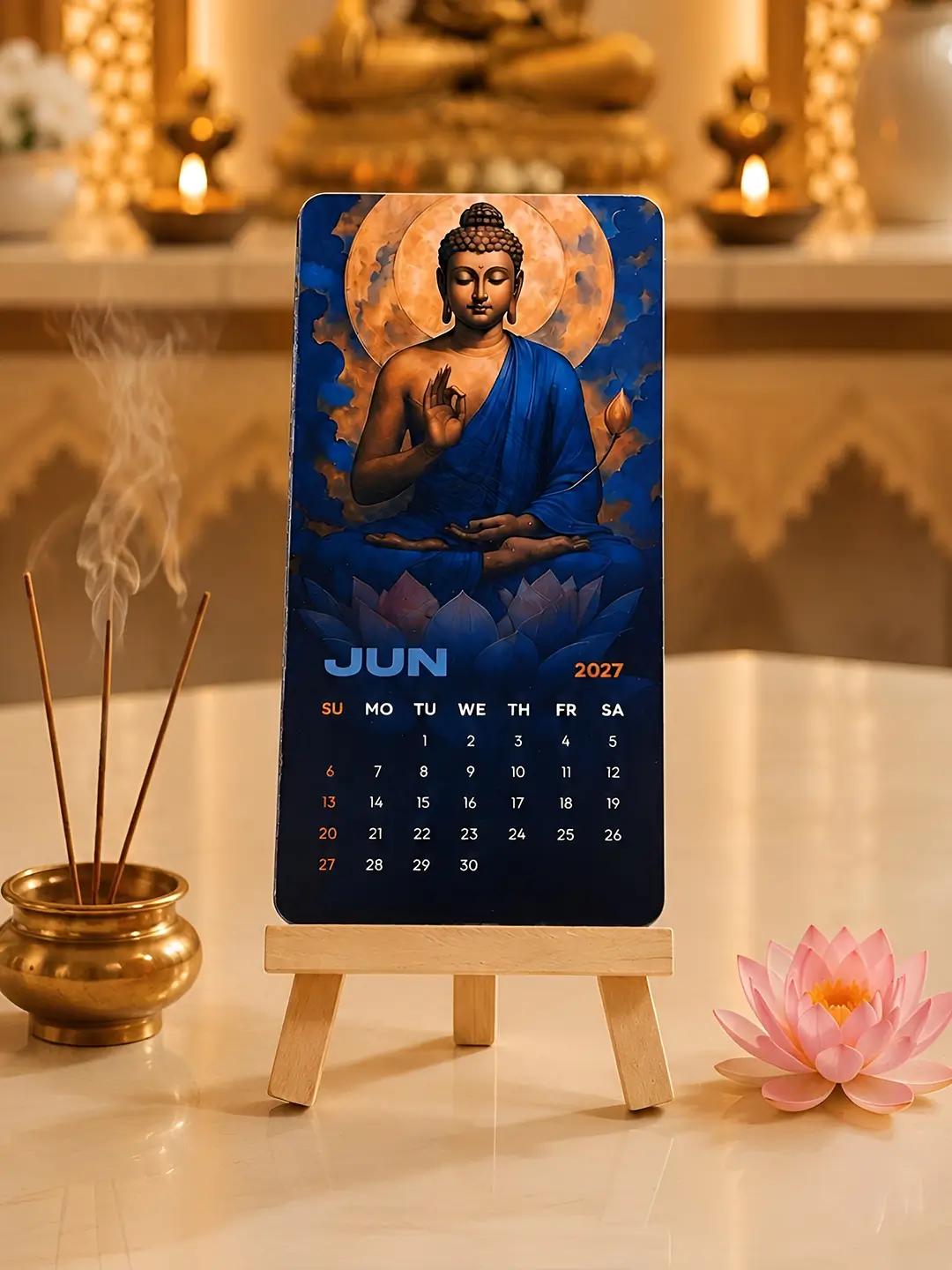 Premium Gautam Buddha Mini Desk Calendar 2027 with Wooden Stand for Office Desk and Home Decor