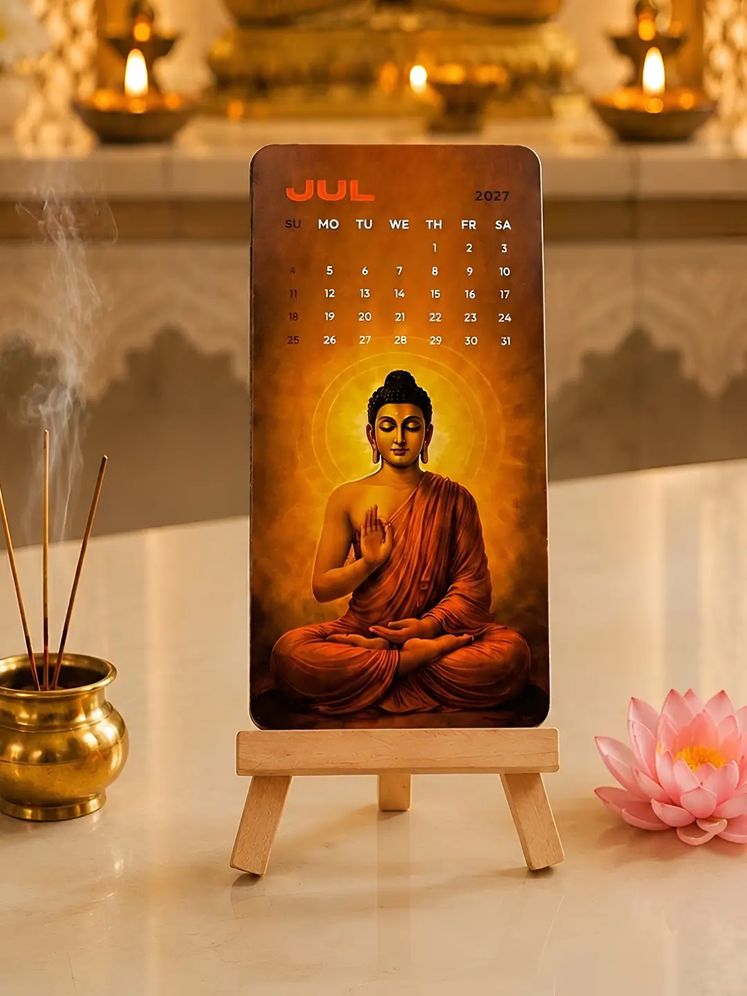 Gautam Buddha Mini Desk Calendar 2027 – Premium Wooden Stand Calendar | Spiritual Buddhist Office & Home Decor Gift