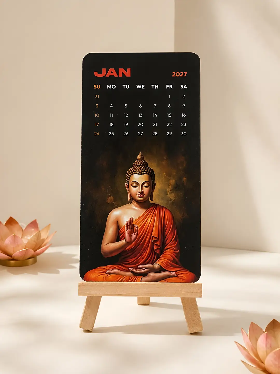 Gautam Buddha Mini Desk Calendar 2027 – Premium Wooden Stand Calendar | Spiritual Buddhist Office & Home Decor Gift