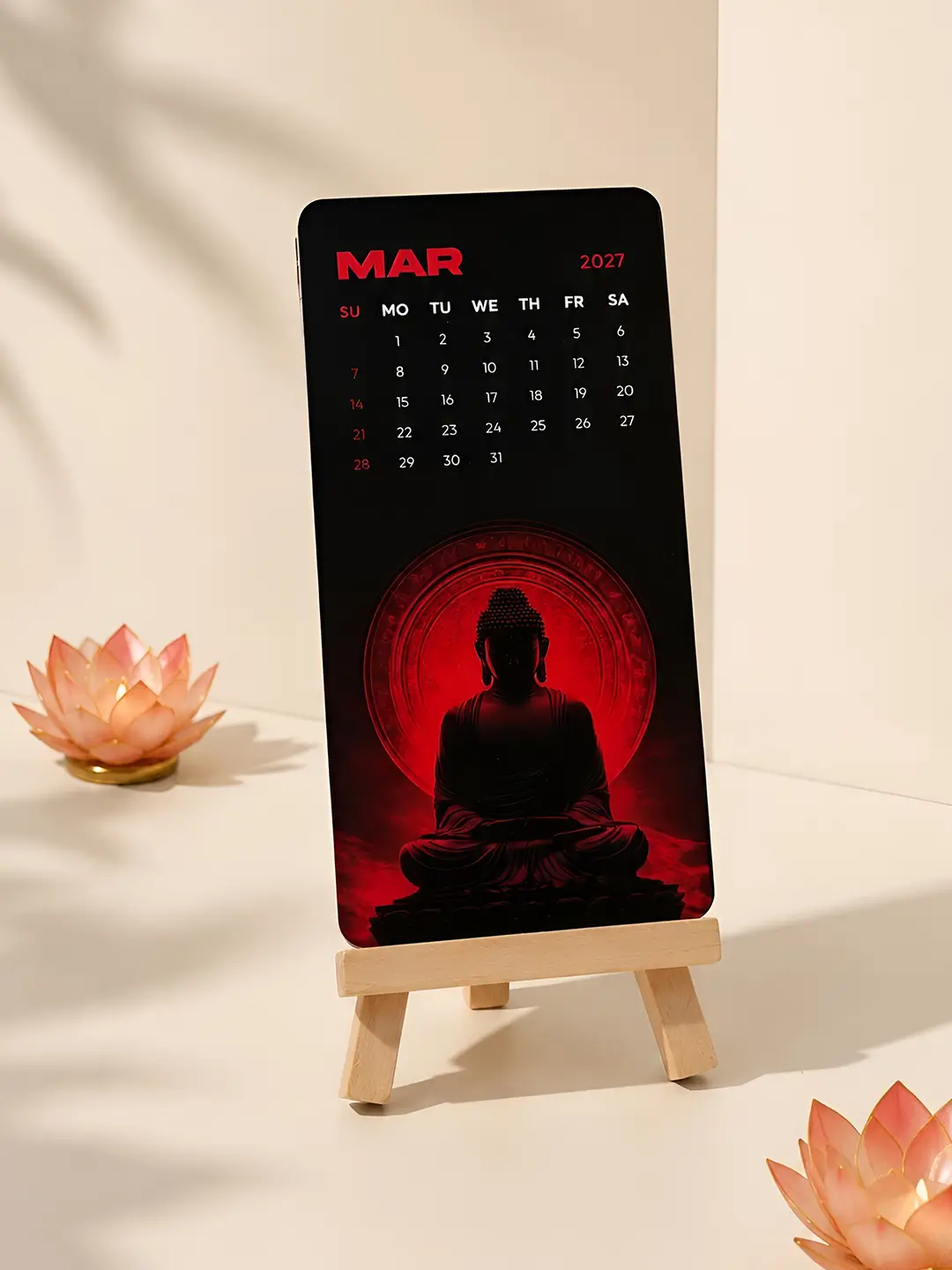 Gautam Buddha Mini Desk Calendar 2027 – Premium Wooden Stand Calendar | Spiritual Buddhist Office & Home Decor Gift
