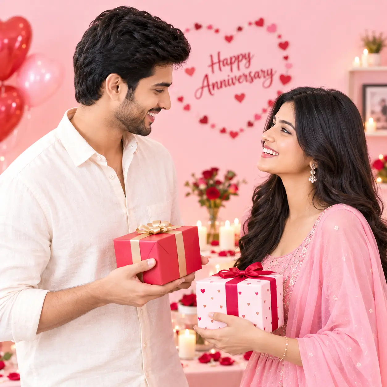 Romantic anniversary couple exchanging gifts with red and pink presents