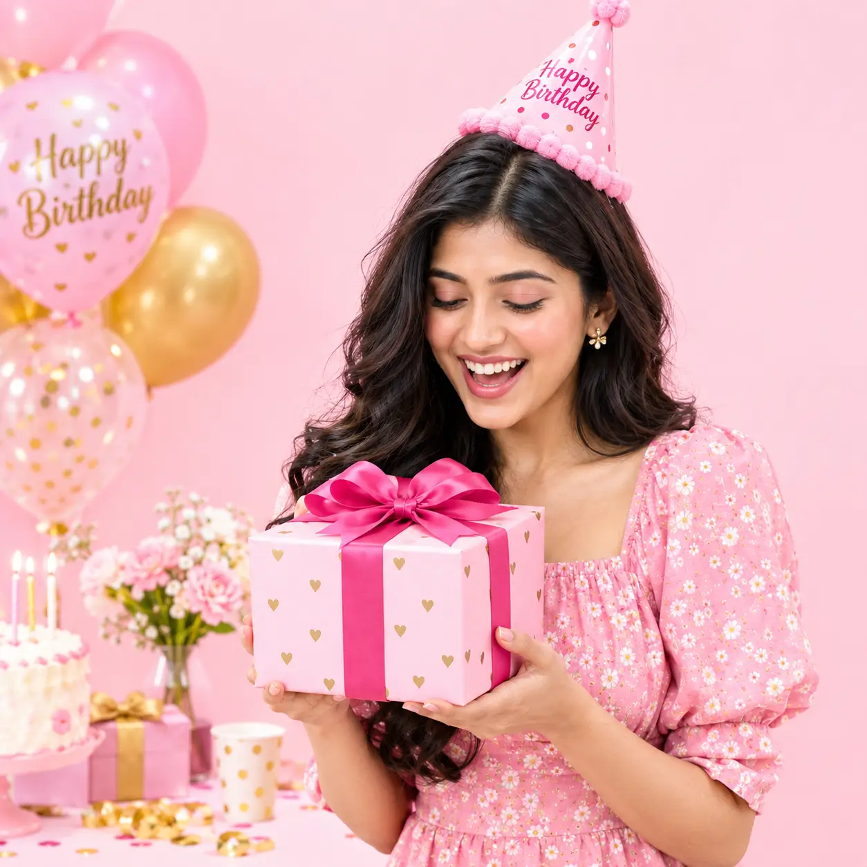 Happy birthday woman holding a beautifully wrapped pink gift with birthday decorations