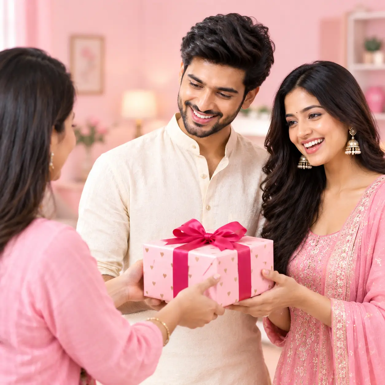 Happy couple receiving a beautifully wrapped gift together