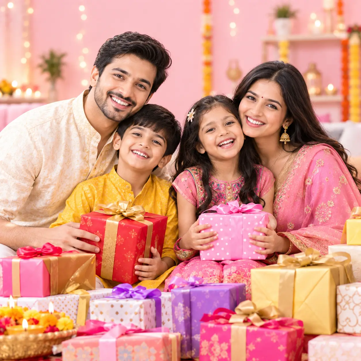 Happy Indian family celebrating a festival surrounded by colorful gift boxes