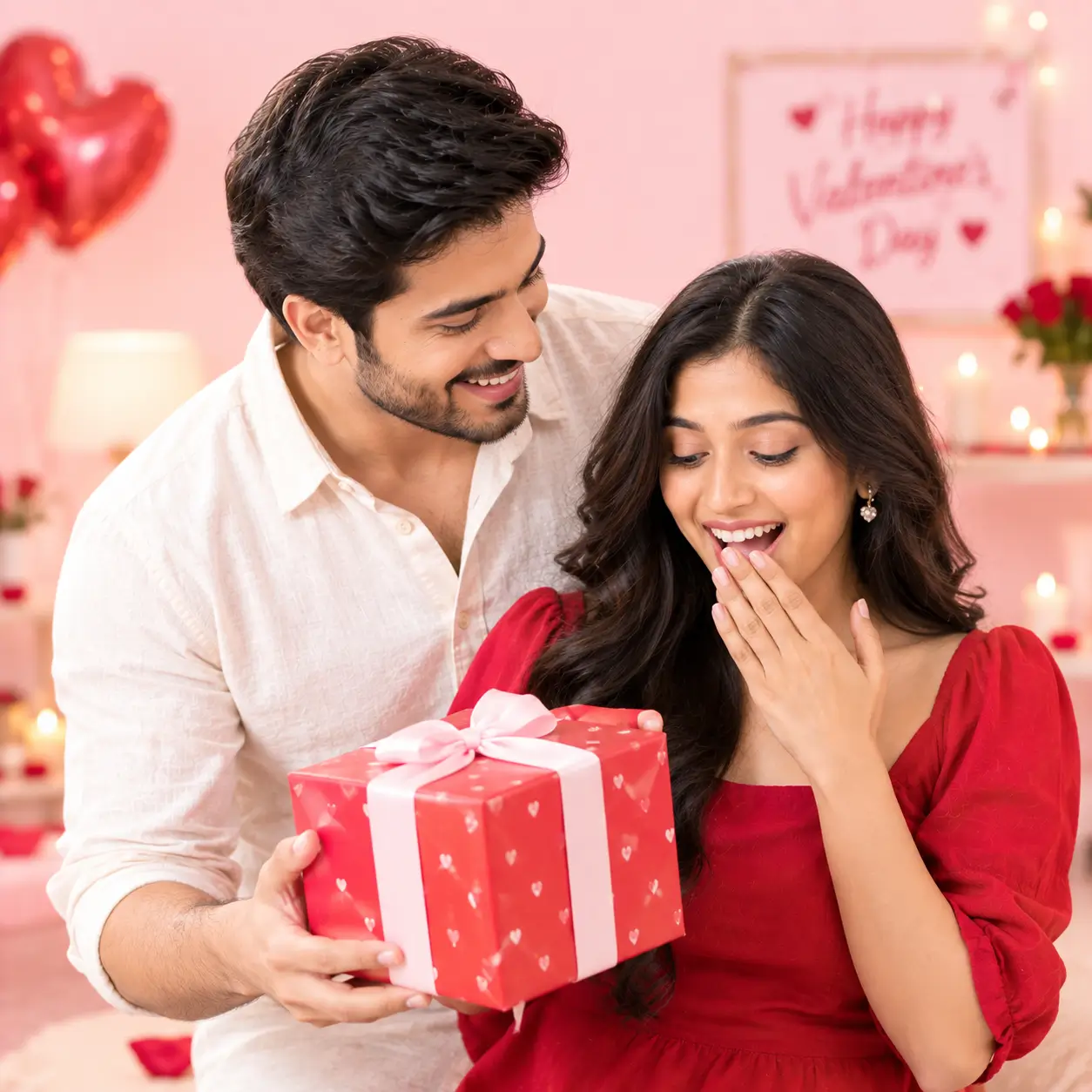 Romantic couple exchanging a red gift box on Valentine’s Day, representing thoughtful and personalized Valentine gifts for couples.