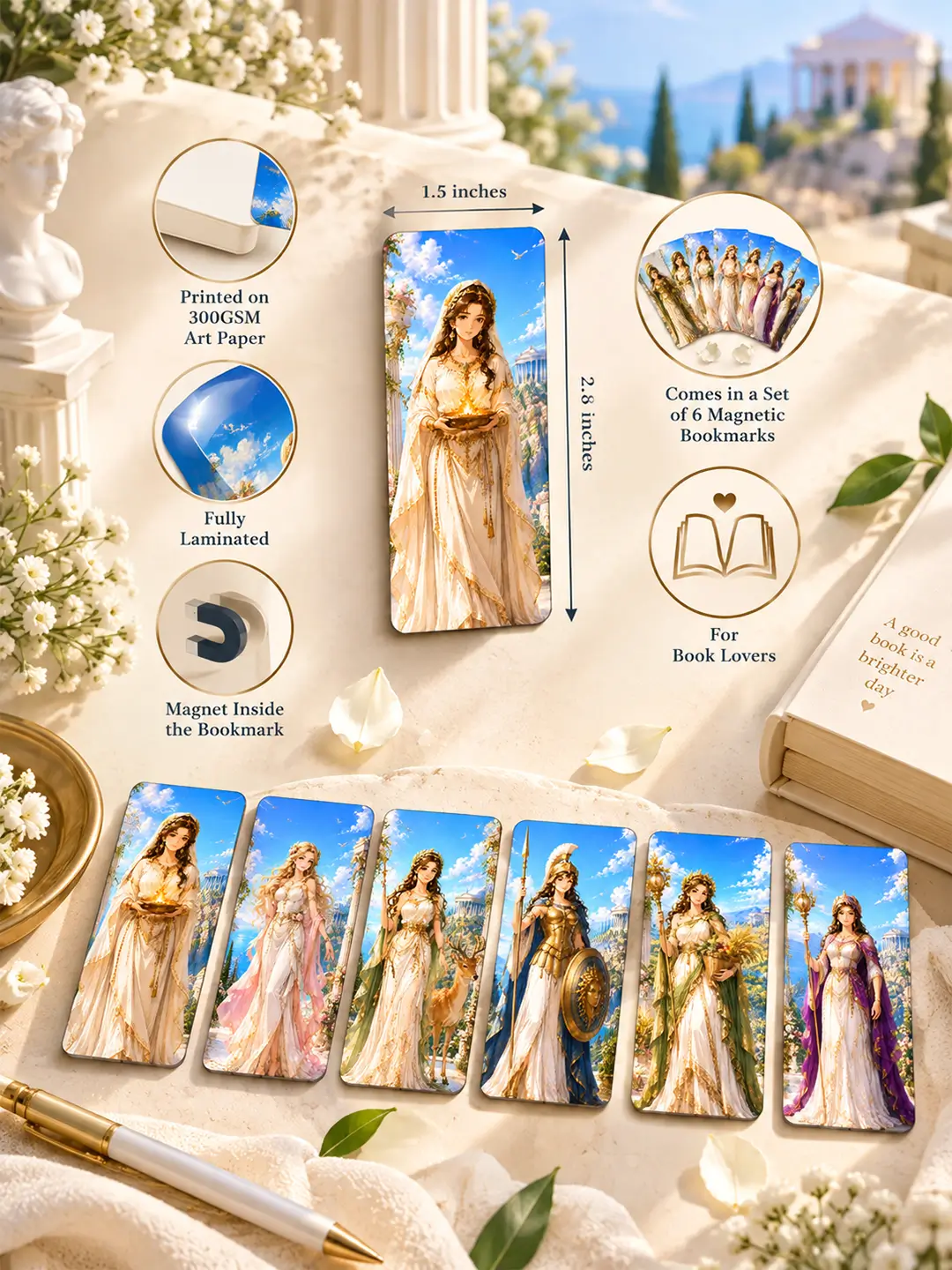 Greek Goddesses Magnetic Bookmark Set of 6 – Laminated Greek Goddess Bookmarks for Book Lovers